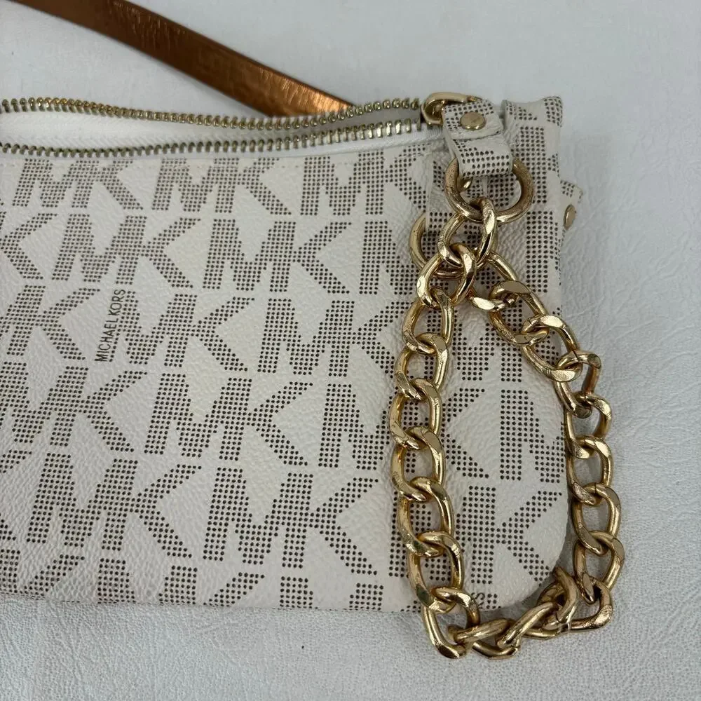 Michael Kors Belt Bag Chain‎ Zip White Signature Logo Faux Leather Size L Belt